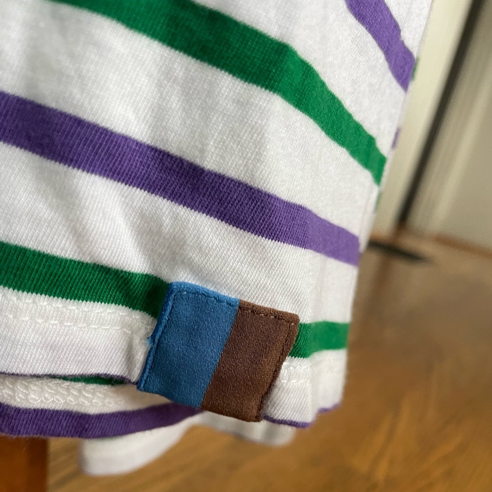 Kule The Modern Long-sleeve Tee. White w/ purple and green stripes. Size Large. - Picture 4 of 5